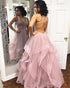 Sexy Backless Tulle Prom Dresses V-neck Spaghetti Straps A-line Long Pageant Party Gowns with Ruffles